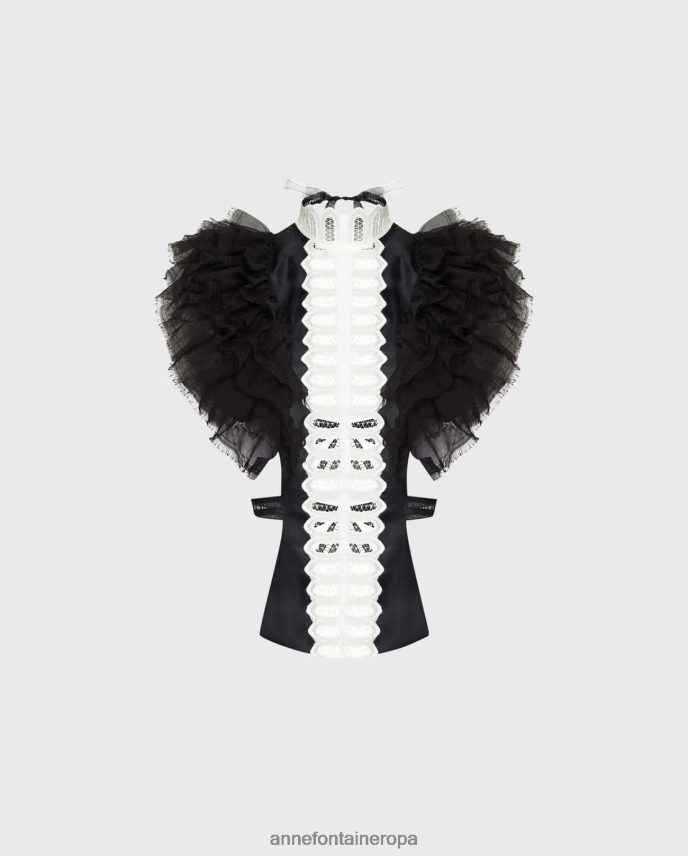 accesorios es Anne Fontaine mujer frente de camisa evanne cuello de camisa de dos tonos con mangas de gasa con volantes elegante 646LTX575