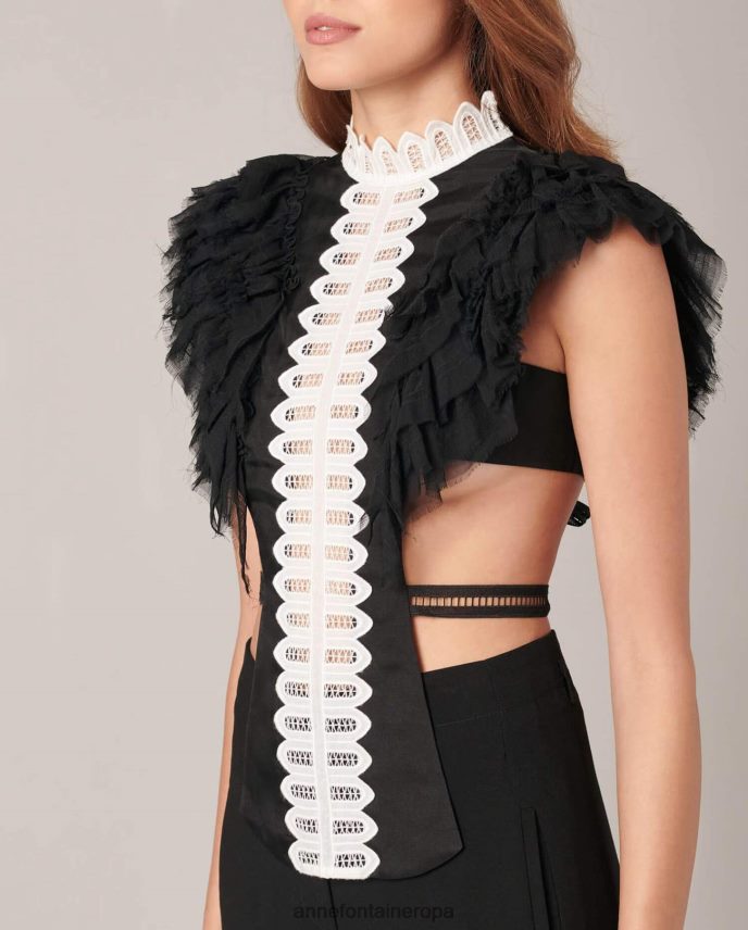 accesorios es Anne Fontaine mujer frente de camisa evanne cuello de camisa de dos tonos con mangas de gasa con volantes elegante 646LTX575