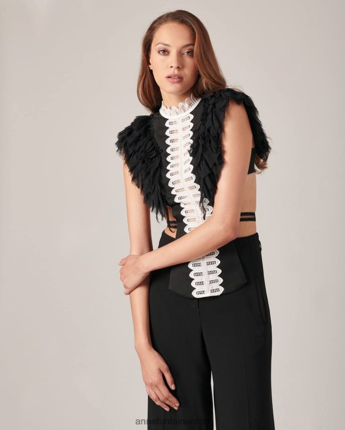 accesorios es Anne Fontaine mujer frente de camisa evanne cuello de camisa de dos tonos con mangas de gasa con volantes elegante 646LTX575