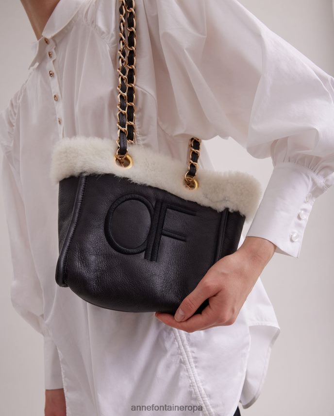bolsas es Anne Fontaine mujer bolso de mano felix bolso de hombro de piel con ribete de pelo y correas de cadena negro 646LTX708