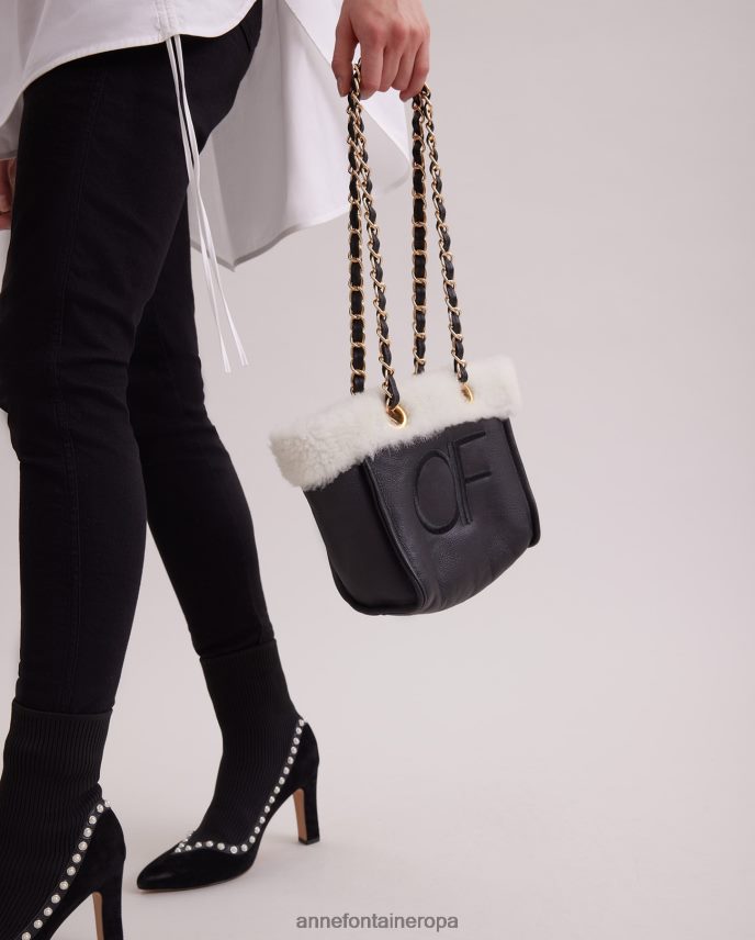 bolsas es Anne Fontaine mujer bolso de mano felix bolso de hombro de piel con ribete de pelo y correas de cadena negro 646LTX708