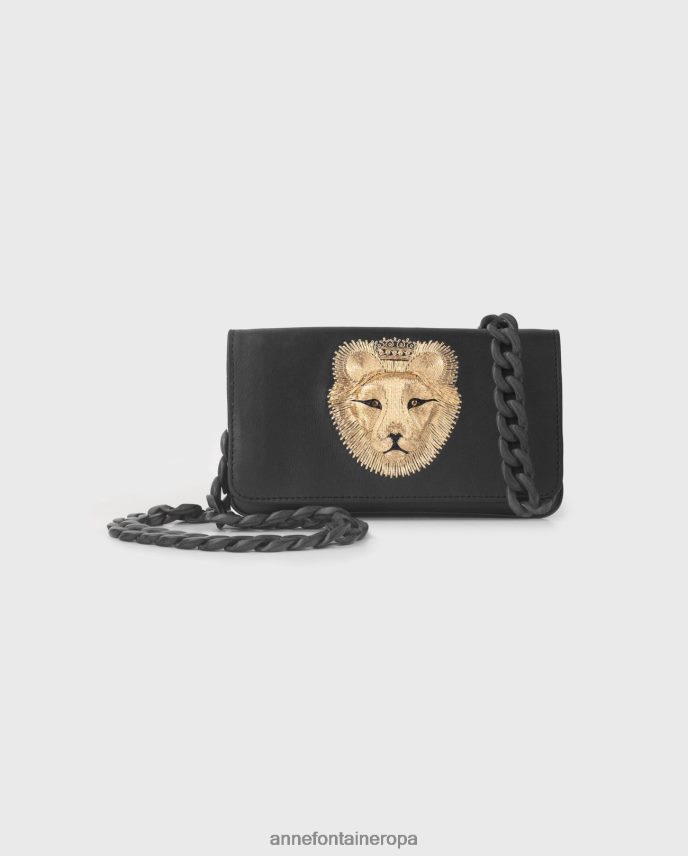 bolsas es Anne Fontaine mujer curioso bolso pequeño de piel con cara de leones bordada oro negro 646LTX702