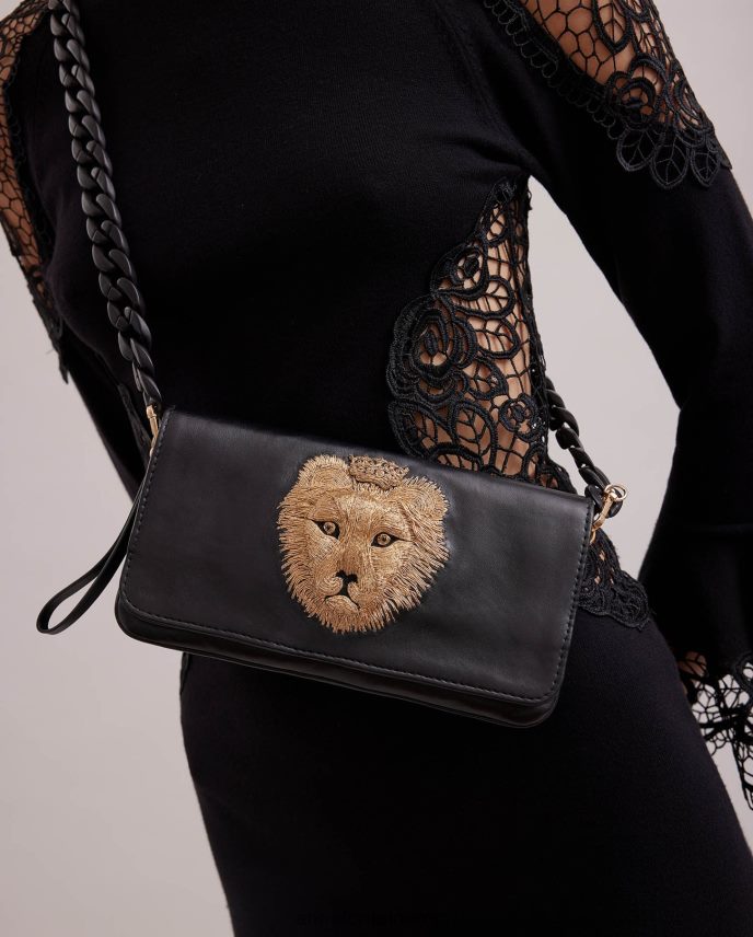 bolsas es Anne Fontaine mujer curioso bolso pequeño de piel con cara de leones bordada oro negro 646LTX702