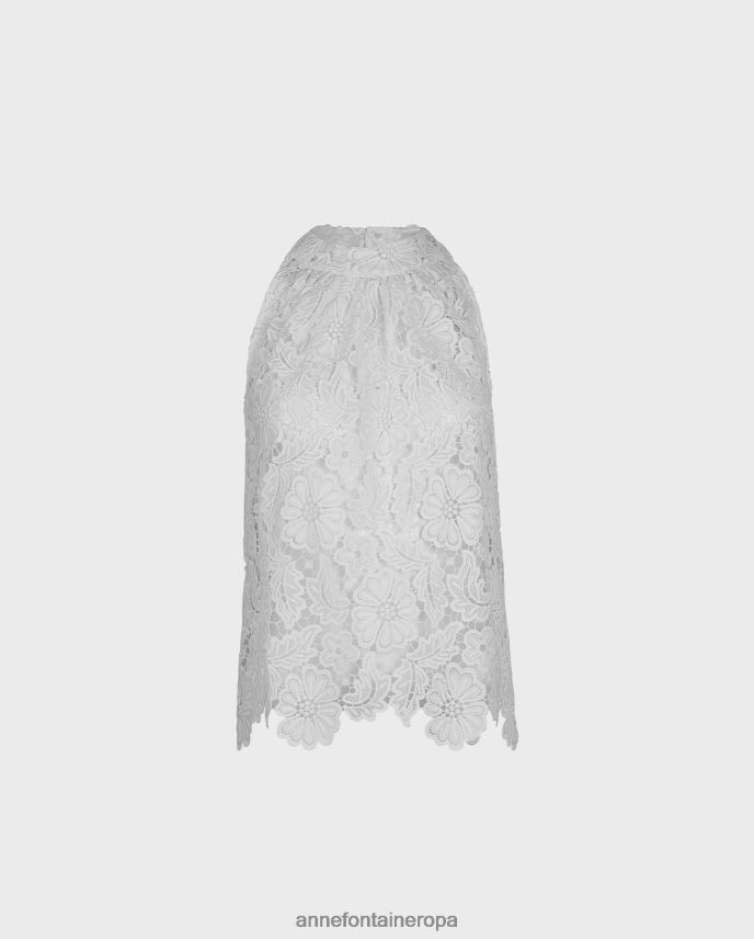 ropa es Anne Fontaine mujer Blusa de encaje bordada sin mangas con escote alto y top huecograbado blanco 646LTX162
