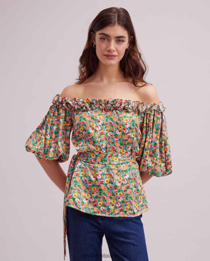 ropa es Anne Fontaine mujer Blusa r con hombros descubiertos y estampado de minirosas multicolor por toda la prenda naranja 646LTX238