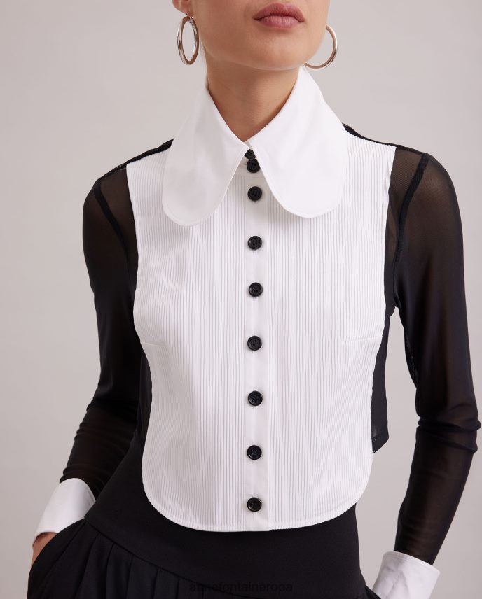ropa es Anne Fontaine mujer Camisa pergame de esmoquin recortada con pechera plisada suiza redondeada y mangas transparentes. blanco negro 646LTX217