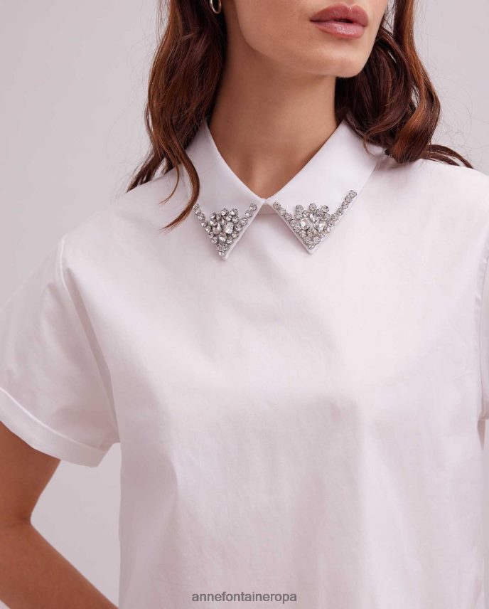 ropa es Anne Fontaine mujer blusa bastide, camiseta de manga corta con cuello en punta con pedrería blanco 646LTX125