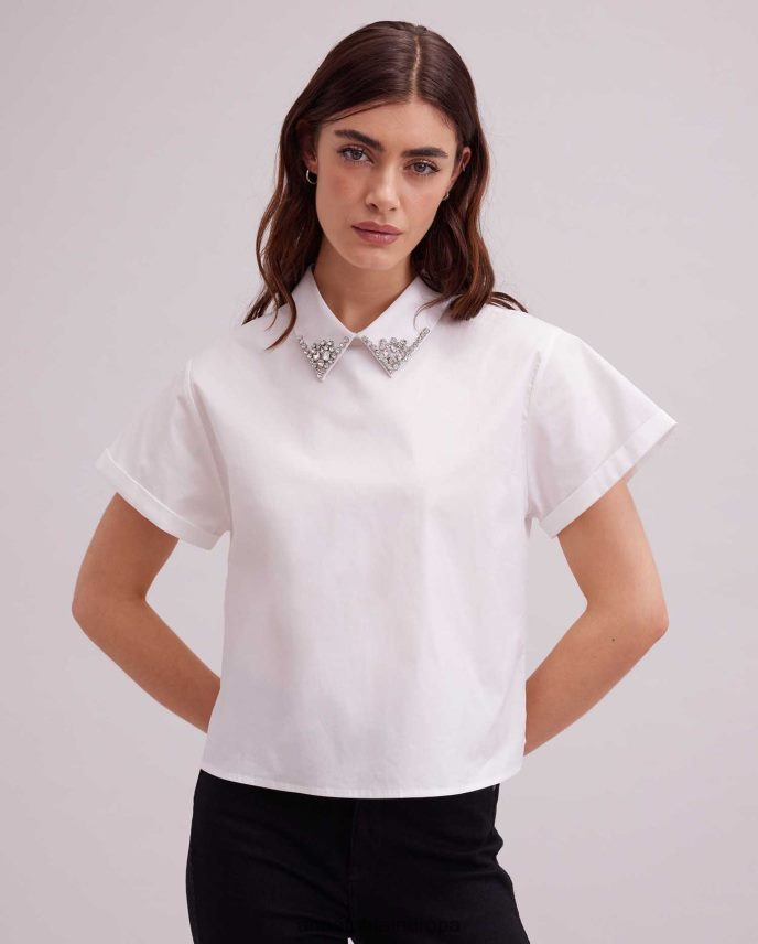 ropa es Anne Fontaine mujer blusa bastide, camiseta de manga corta con cuello en punta con pedrería blanco 646LTX125