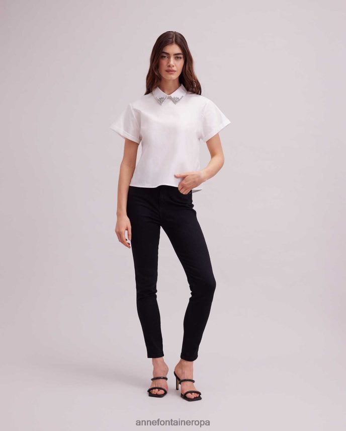 ropa es Anne Fontaine mujer blusa bastide, camiseta de manga corta con cuello en punta con pedrería blanco 646LTX125