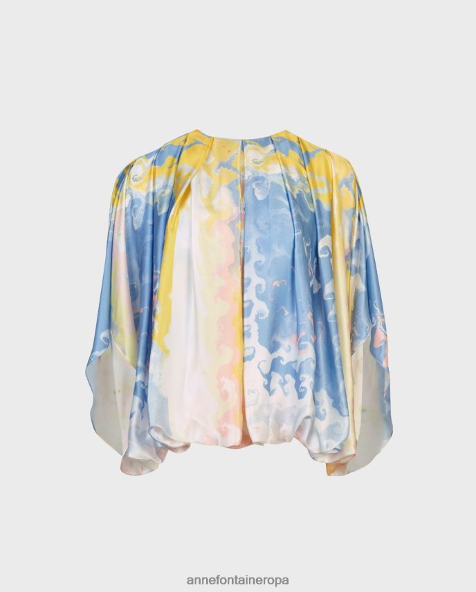 ropa es Anne Fontaine mujer blusa de acuarela blusa de seda plisada con estampado de acuarela azul 646LTX157