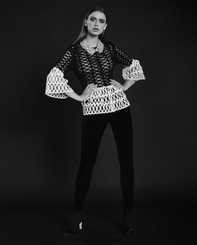 ropa es Anne Fontaine mujer blusa mayoko blusa geométrica de red con peplum blanco negro 646LTX197