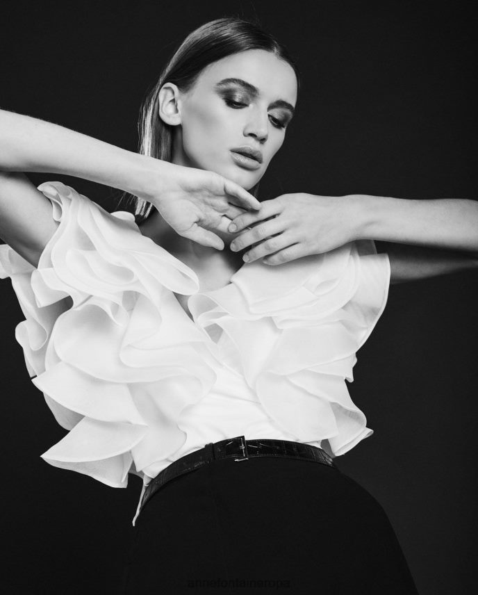 ropa es Anne Fontaine mujer blusa natalena camisa de punto pima con mangas de organza con volantes blanco 646LTX201