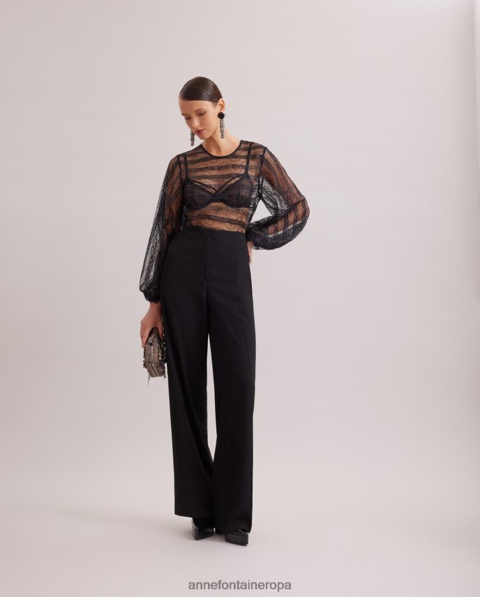 ropa es Anne Fontaine mujer blusa romántica blusa de encaje transparente con detalle de celosía horizontal y lentejuelas tonales negro 646LTX215