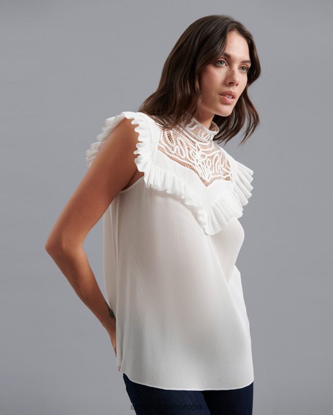ropa es Anne Fontaine mujer blusa velucia blusa sin mangas con delicado diseño de trabajo de volutas abiertas blanco 646LTX235