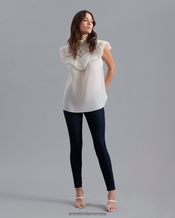 ropa es Anne Fontaine mujer blusa velucia blusa sin mangas con delicado diseño de trabajo de volutas abiertas blanco 646LTX235