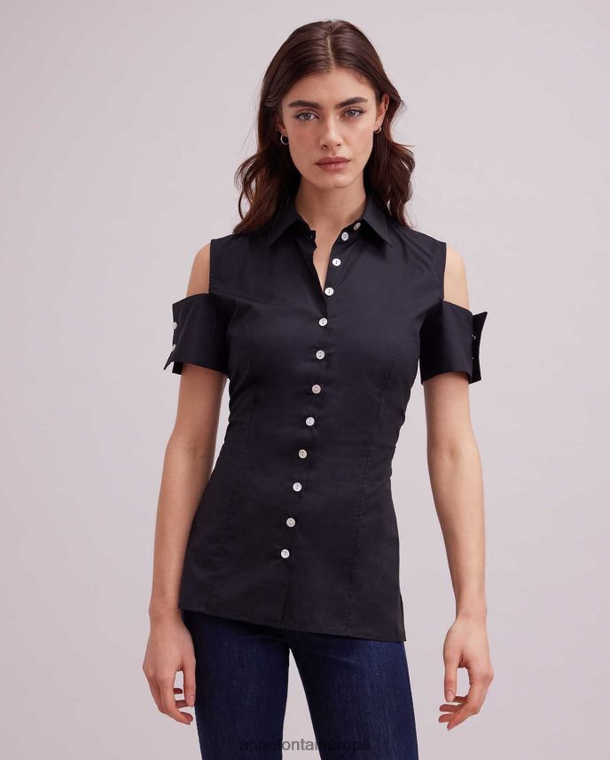 ropa es Anne Fontaine mujer camisa abstracta camisa de popelina con hombros descubiertos y botones de perlas negro 646LTX131