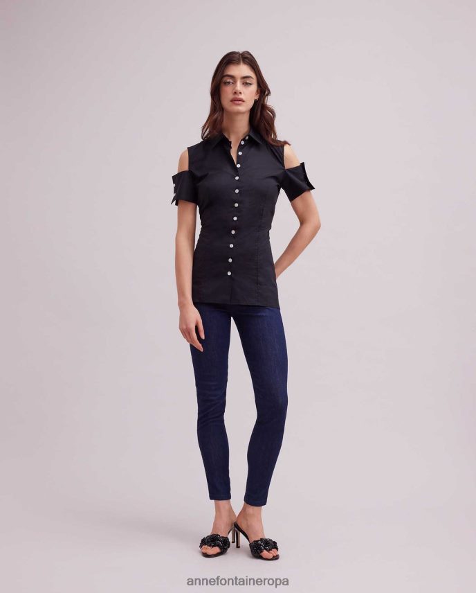 ropa es Anne Fontaine mujer camisa abstracta camisa de popelina con hombros descubiertos y botones de perlas negro 646LTX131