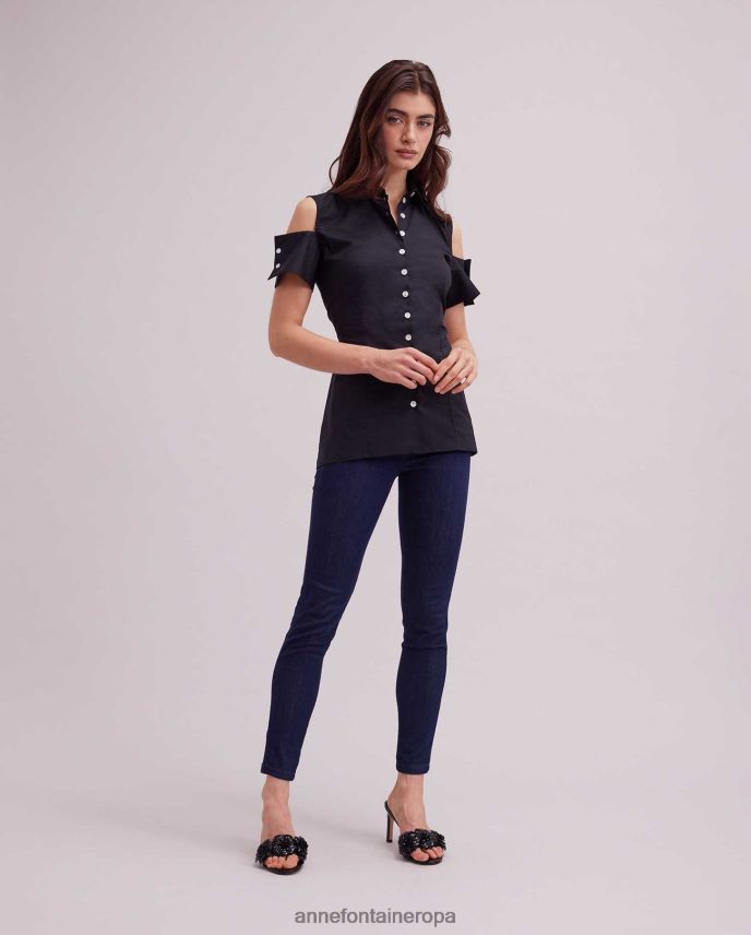 ropa es Anne Fontaine mujer camisa abstracta camisa de popelina con hombros descubiertos y botones de perlas negro 646LTX131