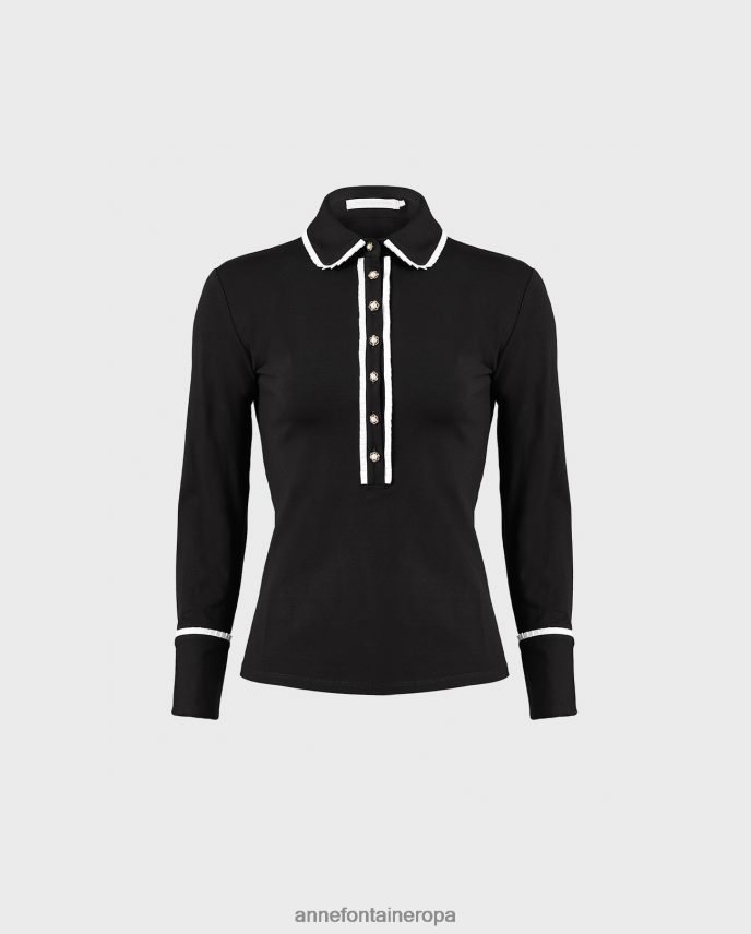 ropa es Anne Fontaine mujer camisa faustine camisa de manga larga con ribetes con detalle de volantes y botones de perlas blanco negro 646LTX223