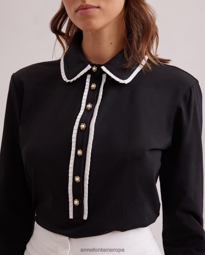 ropa es Anne Fontaine mujer camisa faustine camisa de manga larga con ribetes con detalle de volantes y botones de perlas blanco negro 646LTX223