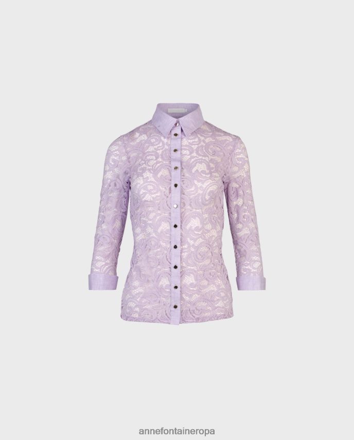 ropa es Anne Fontaine mujer camisa lavandin camisa manga 3/4 de encaje elástico con cuello en pico y puño francés Parma 646LTX161