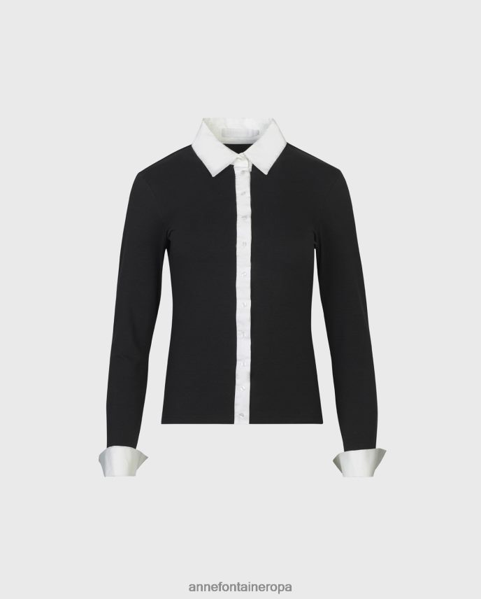 ropa es Anne Fontaine mujer camisa nuage camisa de punto de manga larga con cuello y puños en contraste blanco negro 646LTX188