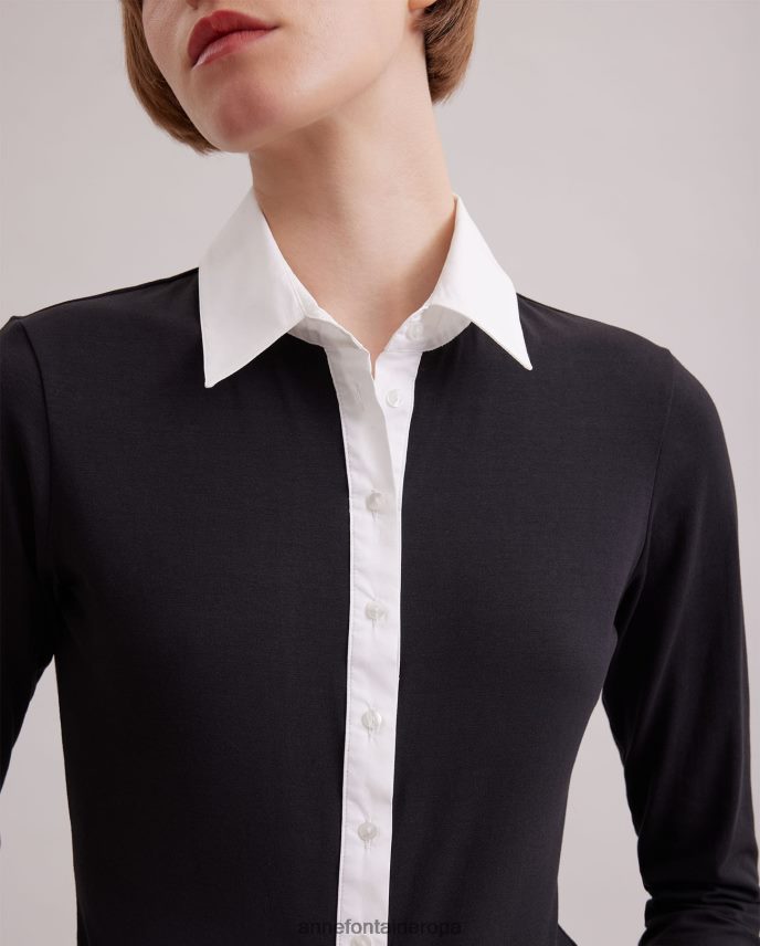 ropa es Anne Fontaine mujer camisa nuage camisa de punto de manga larga con cuello y puños en contraste blanco negro 646LTX188