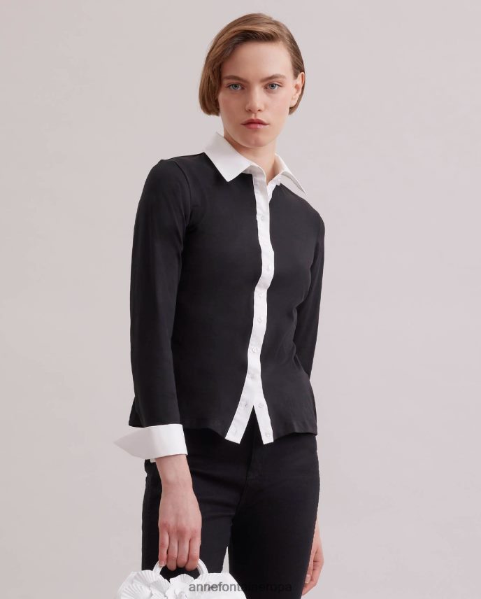 ropa es Anne Fontaine mujer camisa nuage camisa de punto de manga larga con cuello y puños en contraste blanco negro 646LTX188