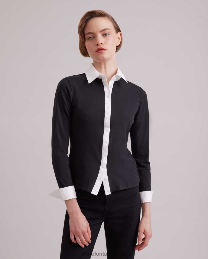 ropa es Anne Fontaine mujer camisa nuage camisa de punto de manga larga con cuello y puños en contraste blanco negro 646LTX188