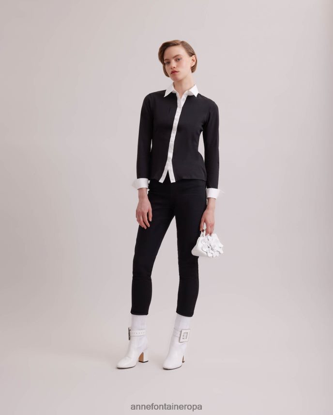 ropa es Anne Fontaine mujer camisa nuage camisa de punto de manga larga con cuello y puños en contraste blanco negro 646LTX188