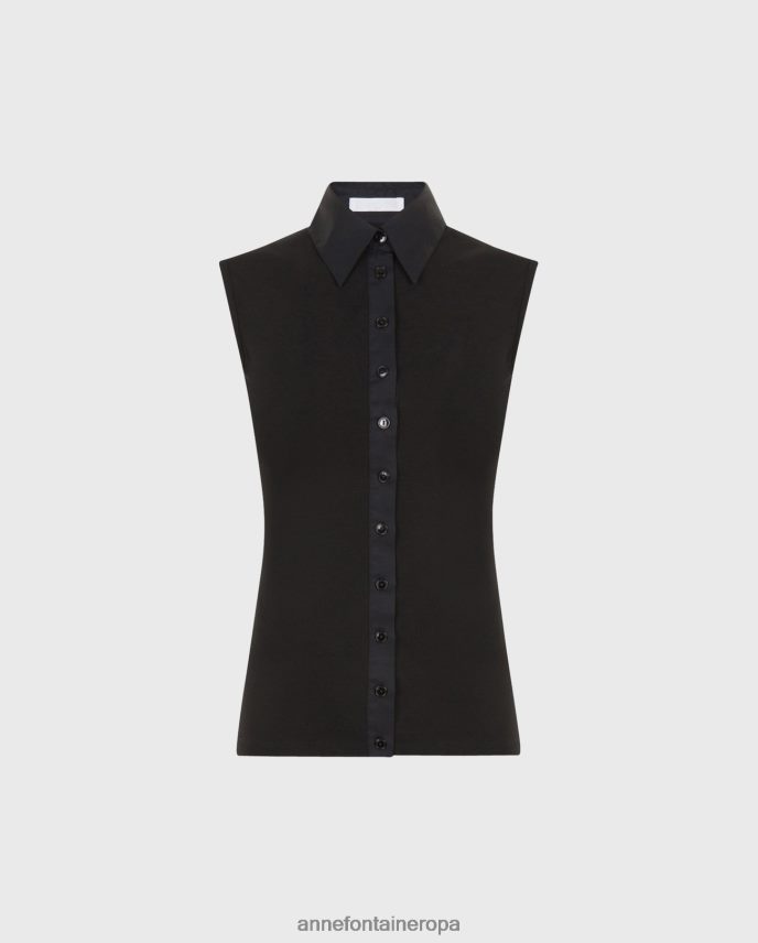 ropa es Anne Fontaine mujer camisa nuage sm camisa sin mangas de algodón pima con cuello negro 646LTX140