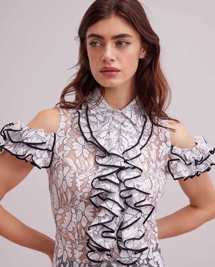 ropa es Anne Fontaine mujer camisa roc camisa de encaje con hombros descubiertos, ribetes en contraste y detalles de volantes blanco negro 646LTX236