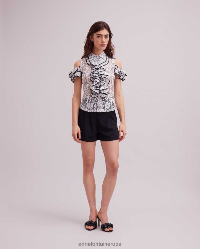 ropa es Anne Fontaine mujer camisa roc camisa de encaje con hombros descubiertos, ribetes en contraste y detalles de volantes blanco negro 646LTX236