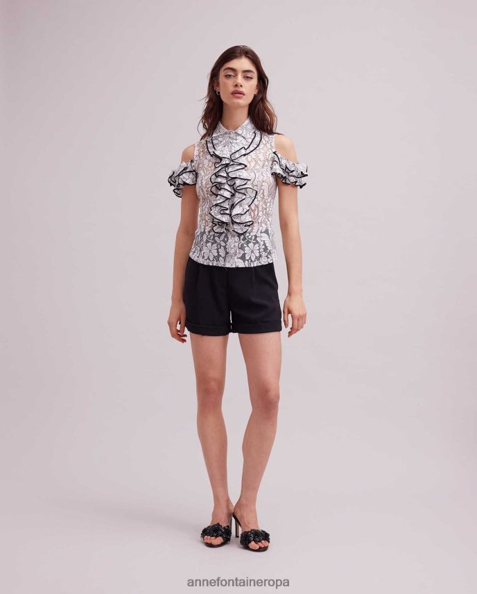 ropa es Anne Fontaine mujer camisa roc camisa de encaje con hombros descubiertos, ribetes en contraste y detalles de volantes blanco negro 646LTX236