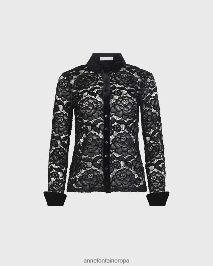 ropa es Anne Fontaine mujer camisa salinger camisa de encaje de manga larga con detalle de ribete de terciopelo negro 646LTX186