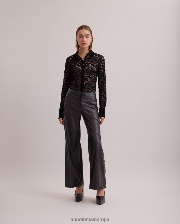 ropa es Anne Fontaine mujer camisa salinger camisa de encaje de manga larga con detalle de ribete de terciopelo negro 646LTX186