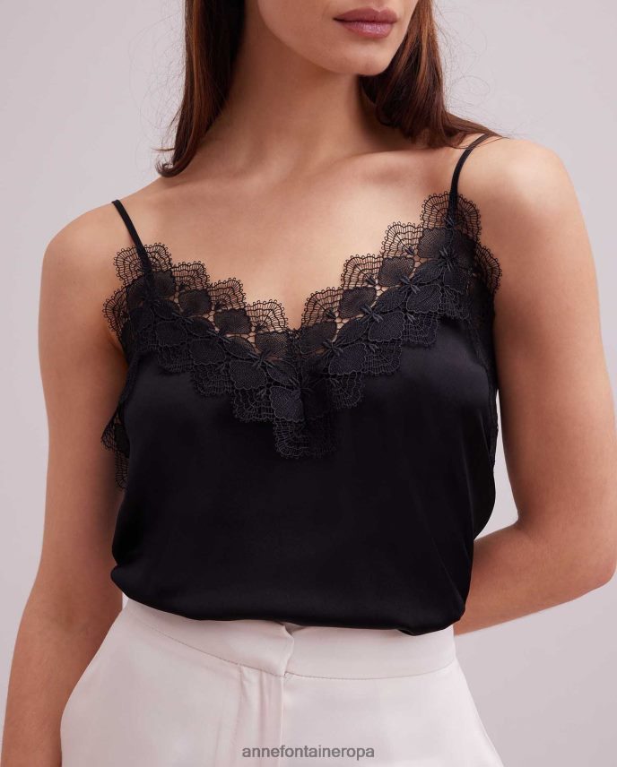 ropa es Anne Fontaine mujer Camisola de seda con top de agave y ribetes de encaje negro 646LTX262