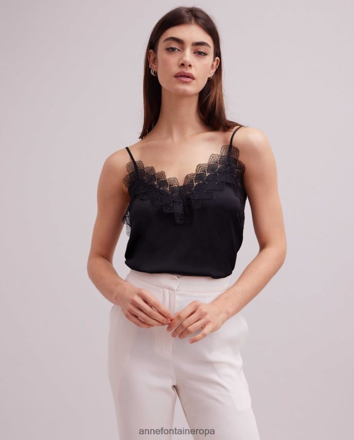 ropa es Anne Fontaine mujer Camisola de seda con top de agave y ribetes de encaje negro 646LTX262
