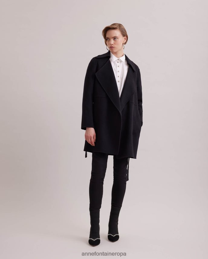 ropa es Anne Fontaine mujer Abrigo delacroix abrigo abierto en mezcla de lana con cinturón y solapa de muesca grande negro 646LTX433