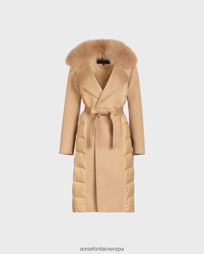 ropa es Anne Fontaine mujer abrigo de escribano abrigo largo acolchado con cuello de piel extraíble y cinturón de lana anudado a la cintura marrón 646LTX442