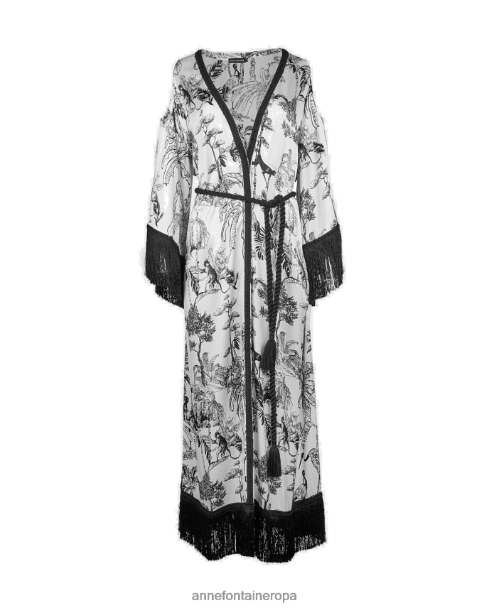 ropa es Anne Fontaine mujer bata tipo kimono croisette y kimono con estampado de jungla y ribetes de flecos blanco negro 646LTX424