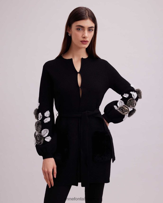 ropa es Anne Fontaine mujer cárdigan fasha cárdigan de punto gofrado con mangas abullonadas y detalles florales blanco negro 646LTX427