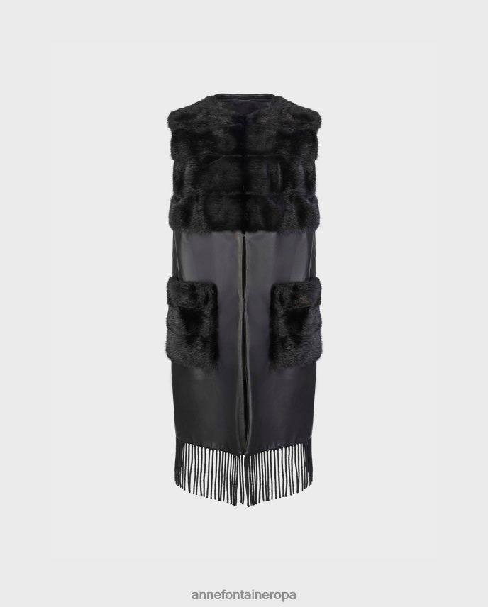 ropa es Anne Fontaine mujer chaleco académico chaleco de cuero con frente abierto con flecos y adornos de piel negro 646LTX428