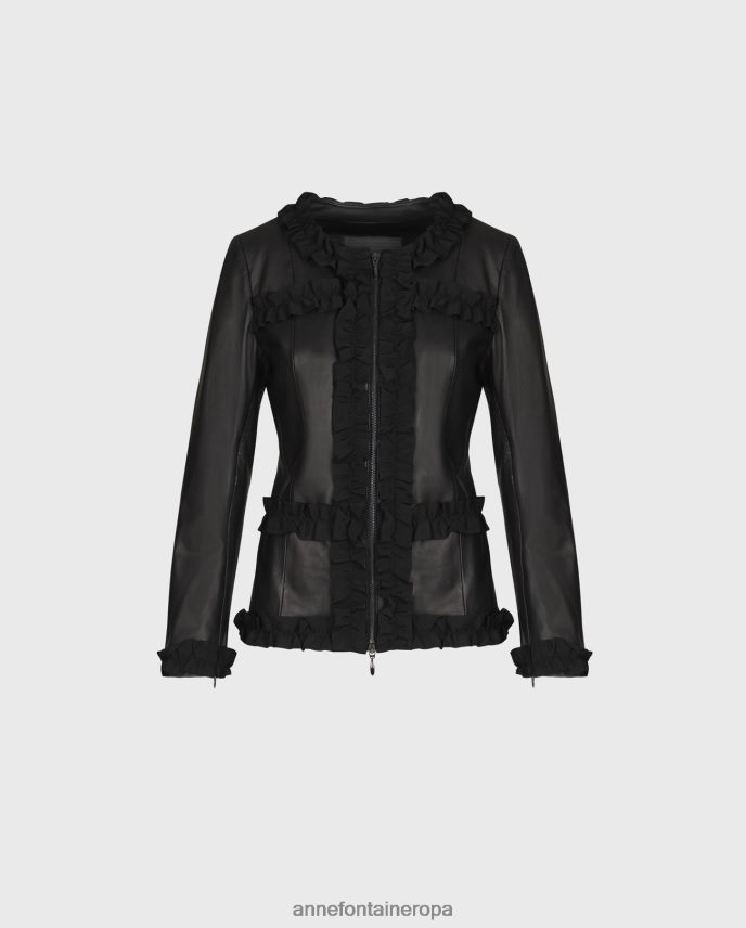 ropa es Anne Fontaine mujer chaqueta carter chaqueta de cuero sin cuello con ribete de volantes de grosgrain negro 646LTX446