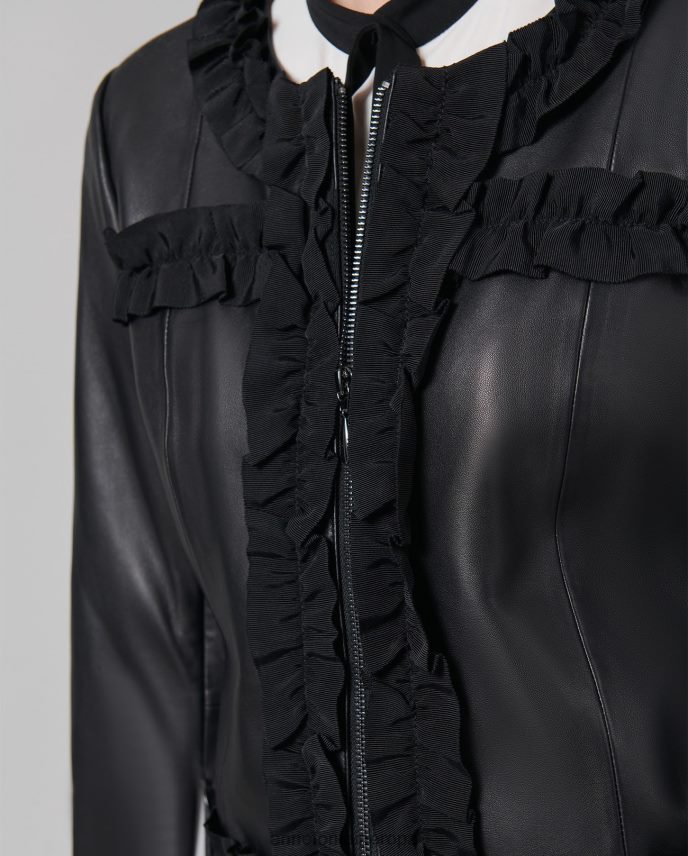 ropa es Anne Fontaine mujer chaqueta carter chaqueta de cuero sin cuello con ribete de volantes de grosgrain negro 646LTX446
