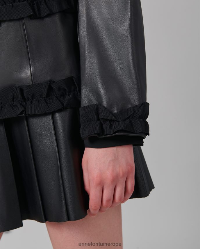 ropa es Anne Fontaine mujer chaqueta carter chaqueta de cuero sin cuello con ribete de volantes de grosgrain negro 646LTX446