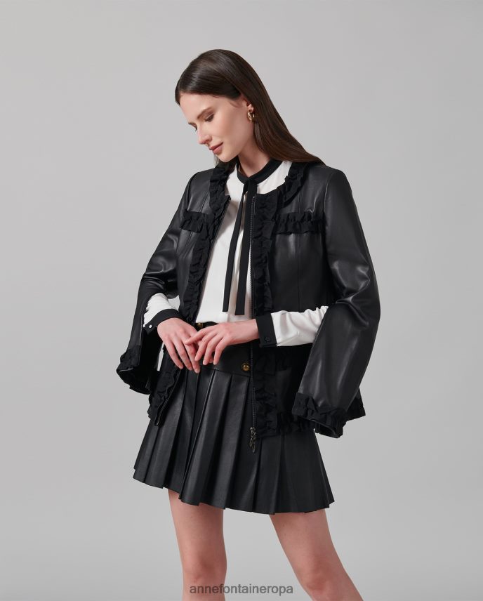 ropa es Anne Fontaine mujer chaqueta carter chaqueta de cuero sin cuello con ribete de volantes de grosgrain negro 646LTX446