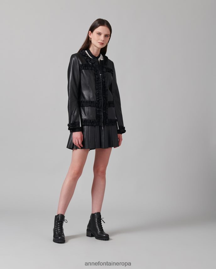 ropa es Anne Fontaine mujer chaqueta carter chaqueta de cuero sin cuello con ribete de volantes de grosgrain negro 646LTX446