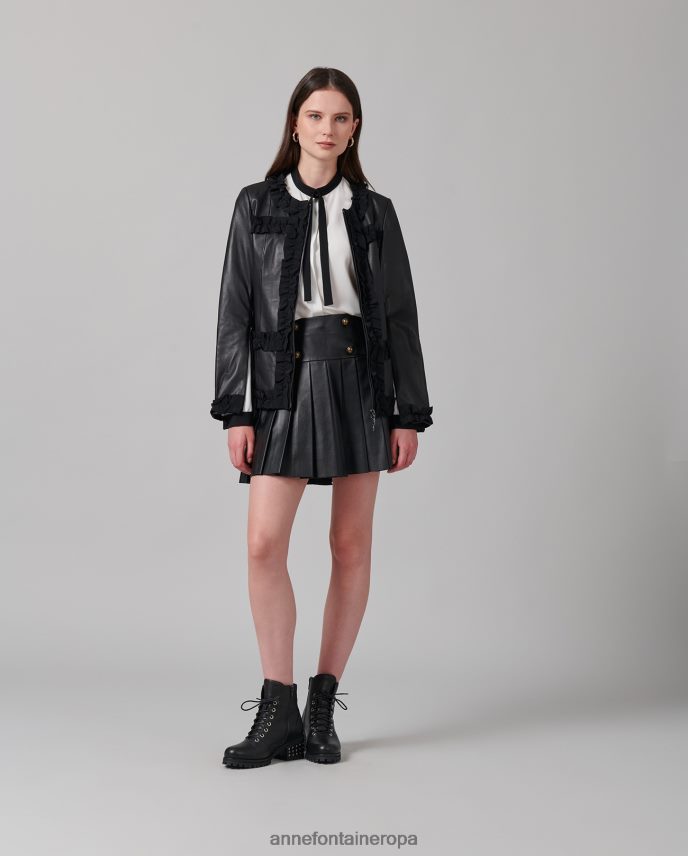 ropa es Anne Fontaine mujer chaqueta carter chaqueta de cuero sin cuello con ribete de volantes de grosgrain negro 646LTX446