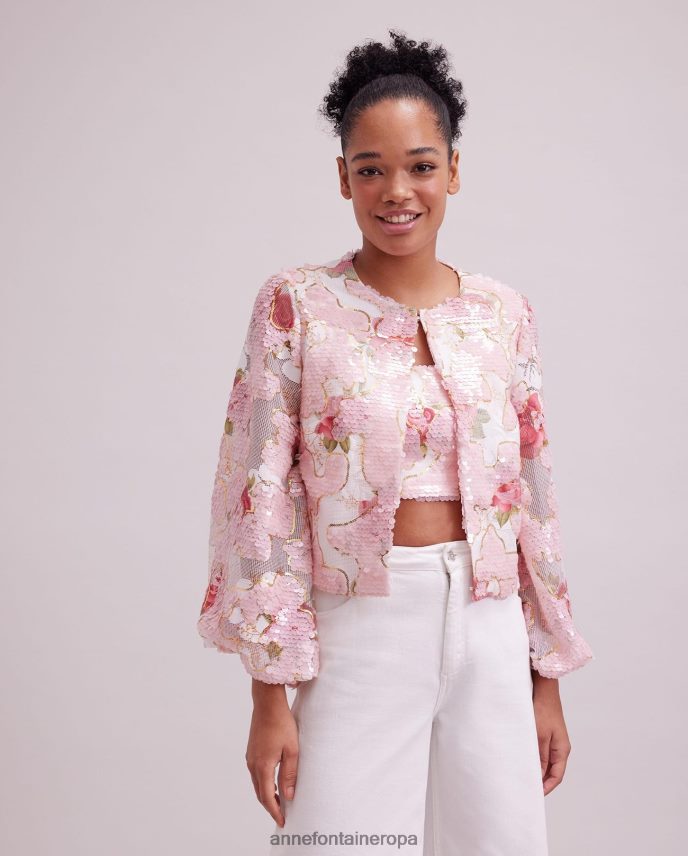 ropa es Anne Fontaine mujer chaqueta de acuarela chaqueta corta con estampado de rosas de lentejuelas oro rosado 646LTX401